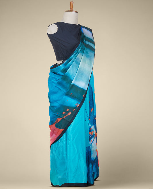 Multi-color abstract-style printed semi banaras crepe saree