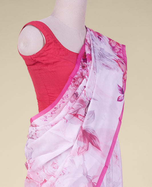 Pastel purple floral motifs printed semi banaras crepe saree, contrast thin border