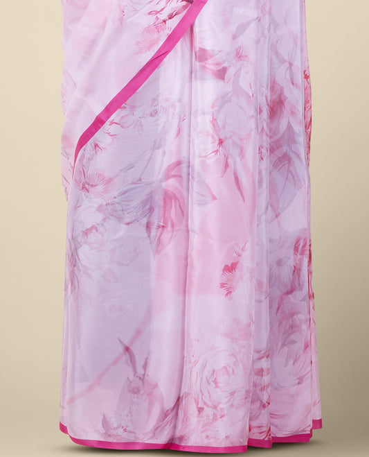 Pastel purple floral motifs printed semi banaras crepe saree, contrast thin border