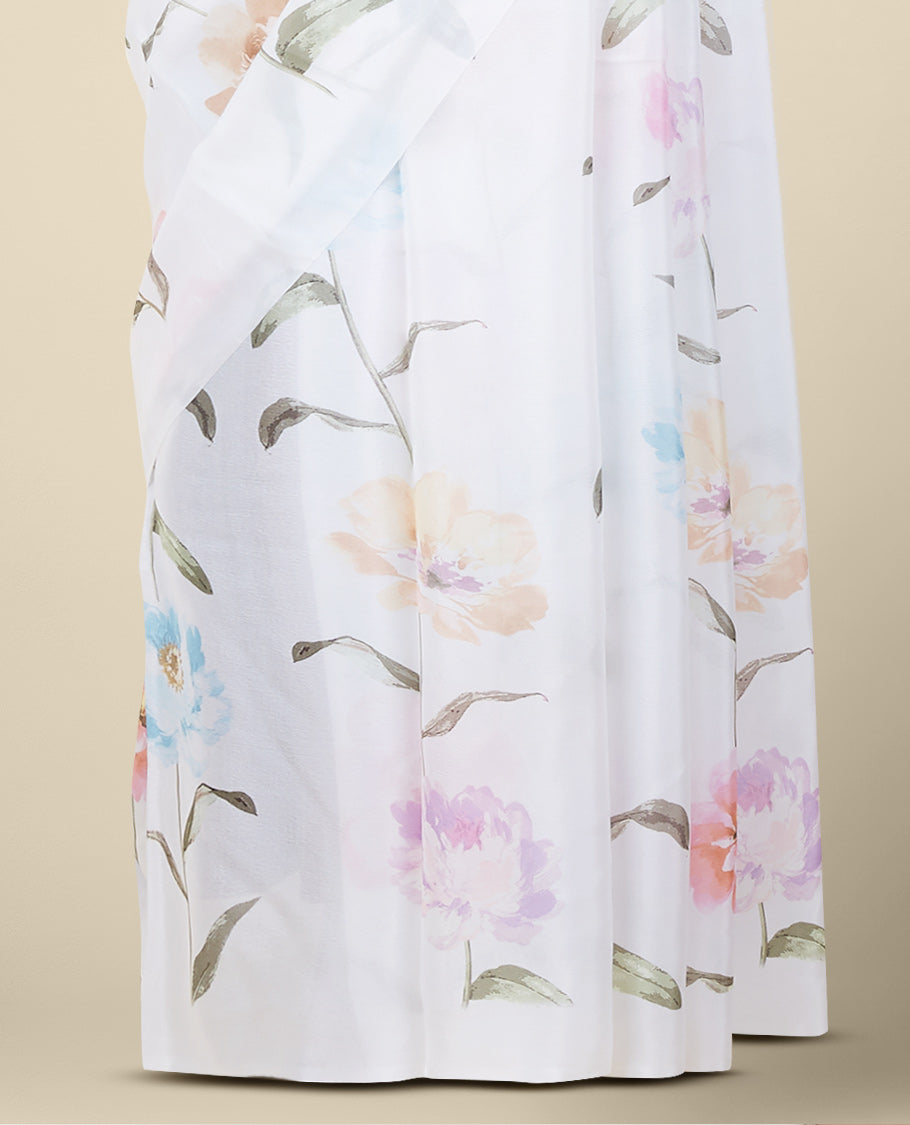 White printed semi banaras crepe saree accentuated with multi-color floral motifs 