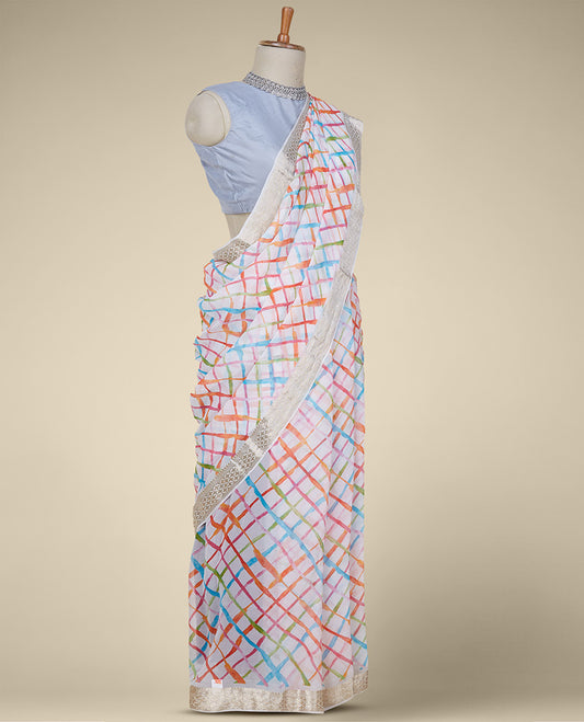 Multi-color geometric printed pure chiffon saree, zari border of intricate designs