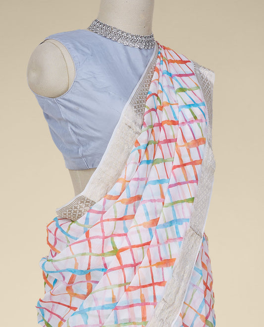 Multi-color geometric printed pure chiffon saree, zari border of intricate designs