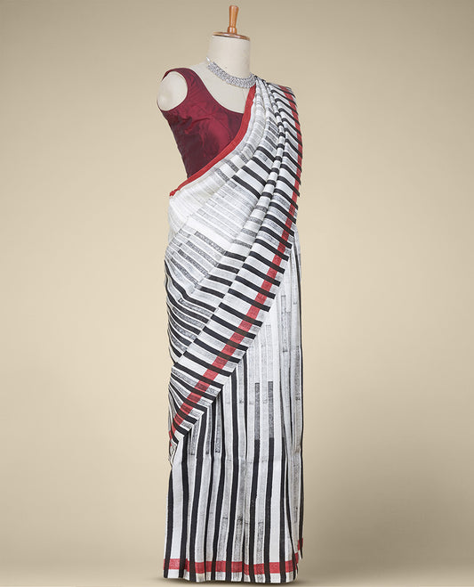 Multi-color stripes printed pure chiffon saree, striped border