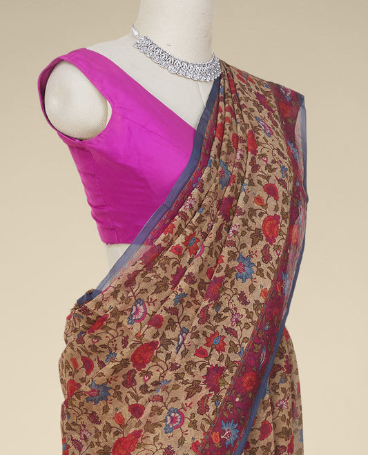 Multi-color floral vine printed pure chiffon saree, contrast floral printed border 