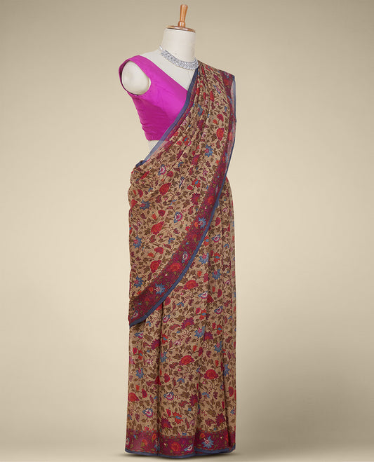 Multi-color floral vine printed pure chiffon saree, contrast floral printed border 