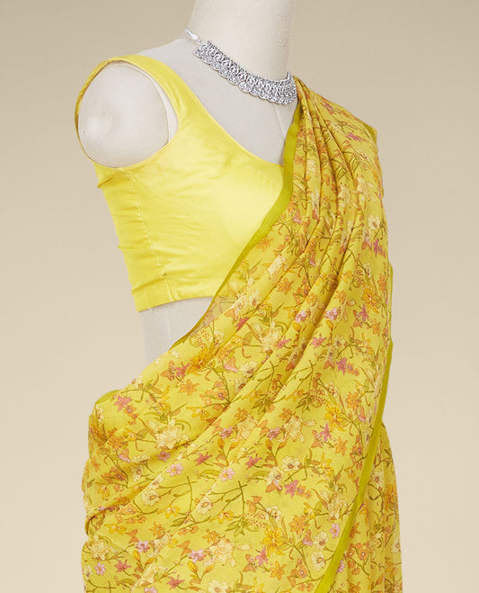 Borderless yellow floral vine printed pure chiffon saree