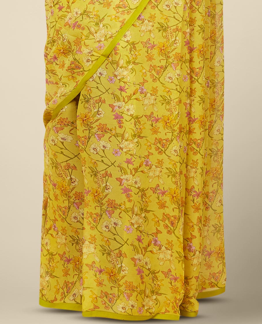 Borderless yellow floral vine printed pure chiffon saree
