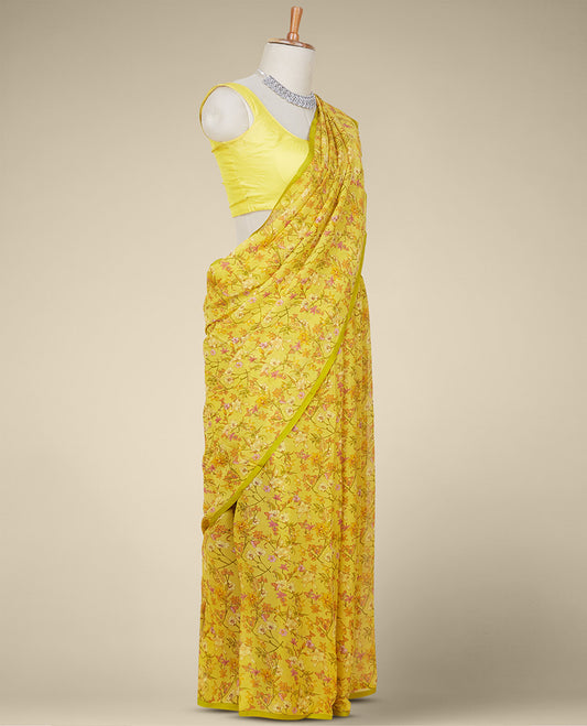Borderless yellow floral vine printed pure chiffon saree