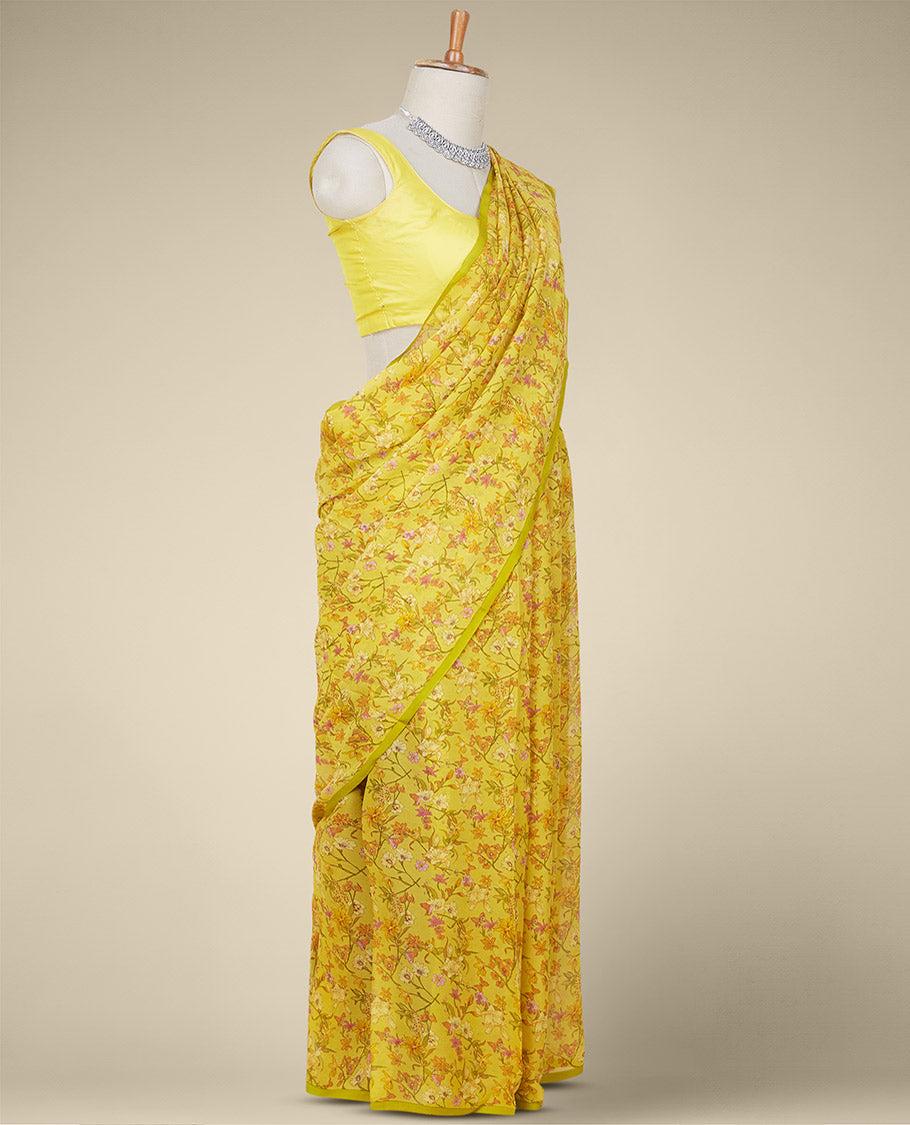 Borderless yellow floral vine printed pure chiffon saree