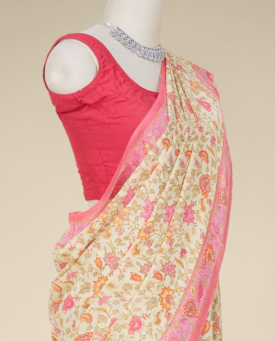 Yellow floral vine printed pure georgette saree with contrast floral designs printed border 