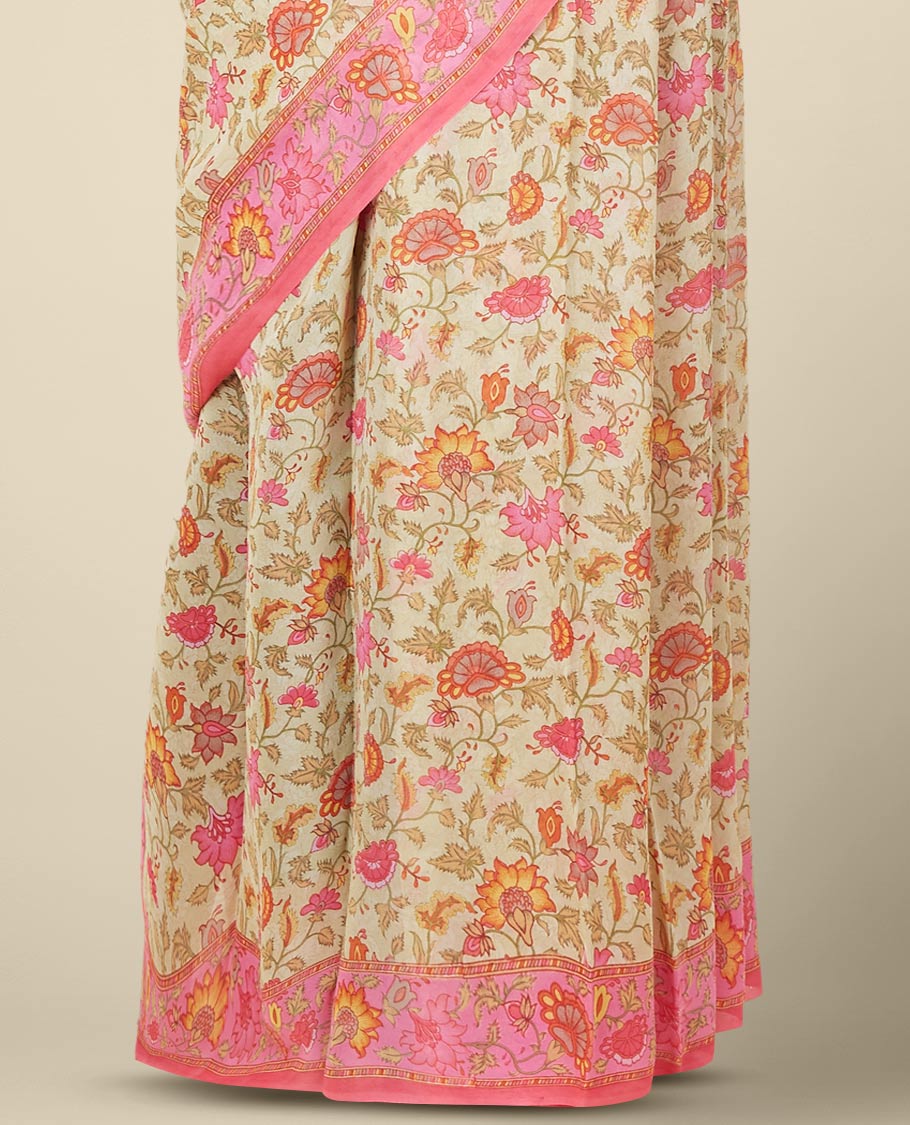 Yellow floral vine printed pure georgette saree with contrast floral designs printed border 