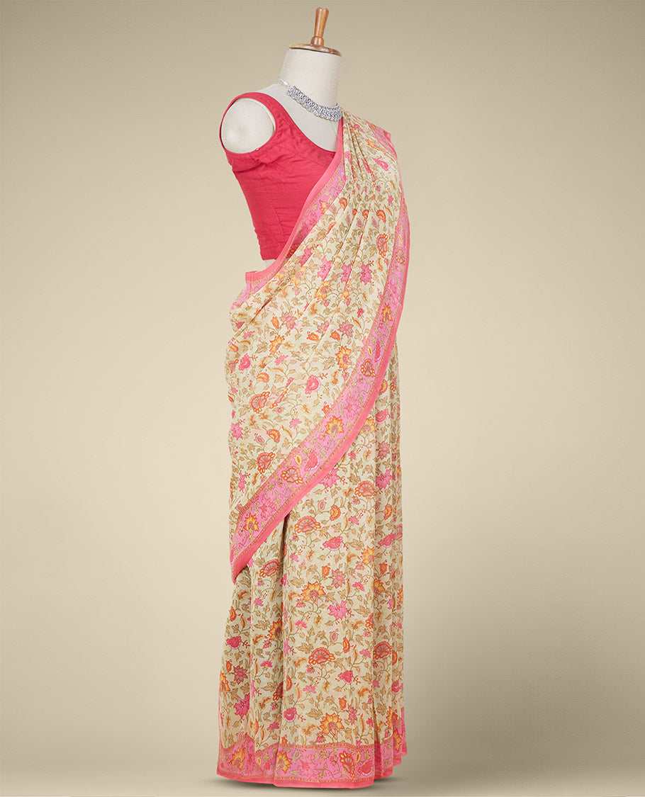 Yellow floral vine printed pure georgette saree with contrast floral designs printed border 