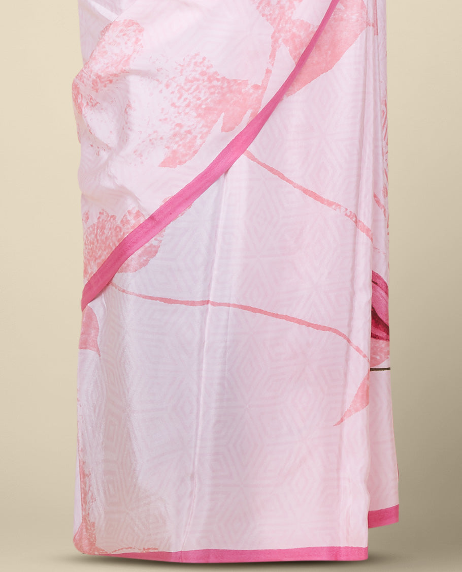 Pastel pink base pure crepe saree features an abstract-style floral print