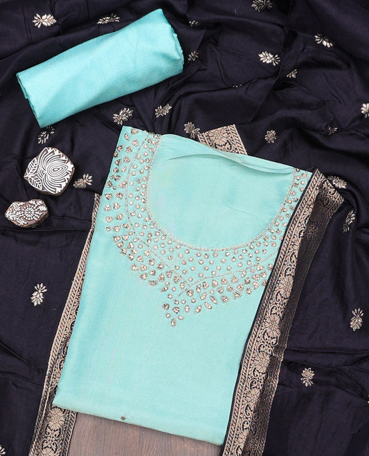 Blue material chudidhar set, stone & kardana bead embroidered tissue top, santoon plain bottom & dupatta of buttas 