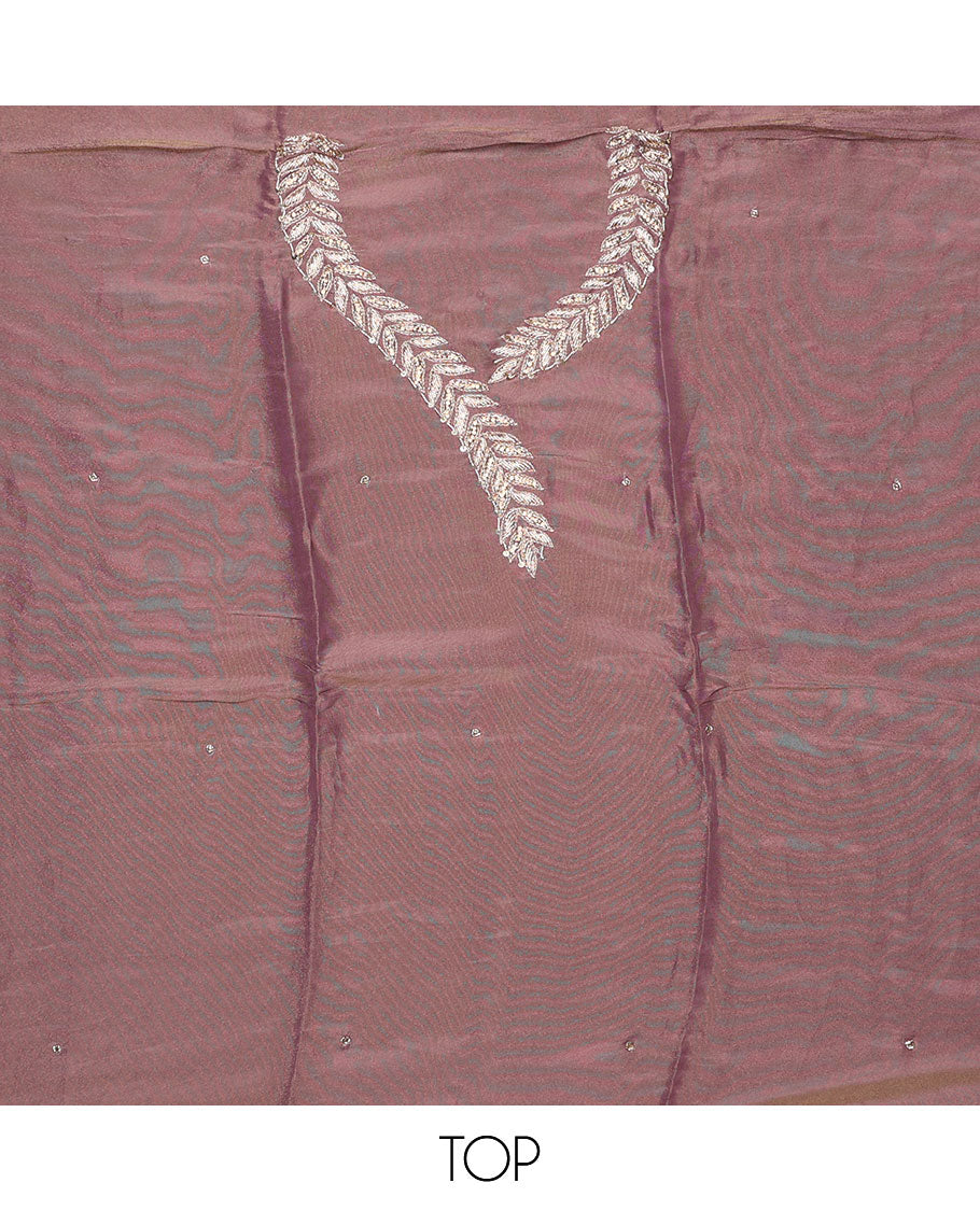 Purple material chudidhar set, stone & sequins embroidered tissue top, santoon plain bottom & dupatta of buttas