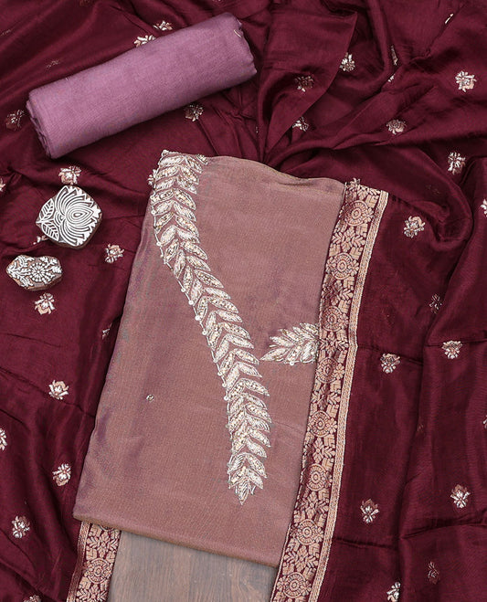 Purple material chudidhar set, stone & sequins embroidered tissue top, santoon plain bottom & dupatta of buttas