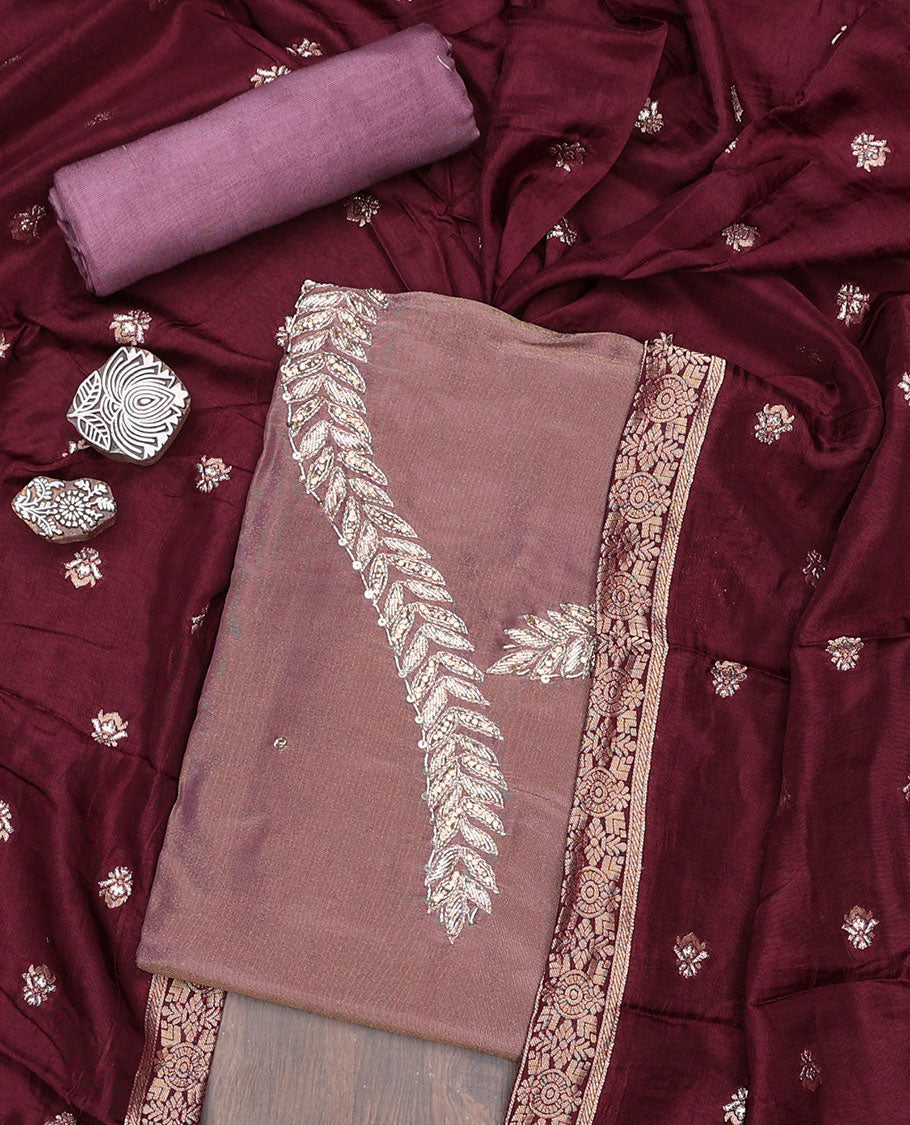 Purple material chudidhar set, stone & sequins embroidered tissue top, santoon plain bottom & dupatta of buttas