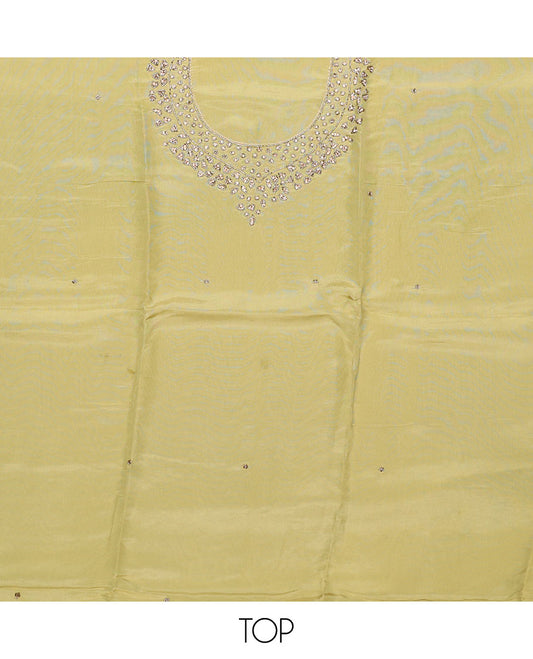 Green material chudidhar set, stone & sequins embroidered tissue top, santoon plain bottom & dupatta of buttas 
