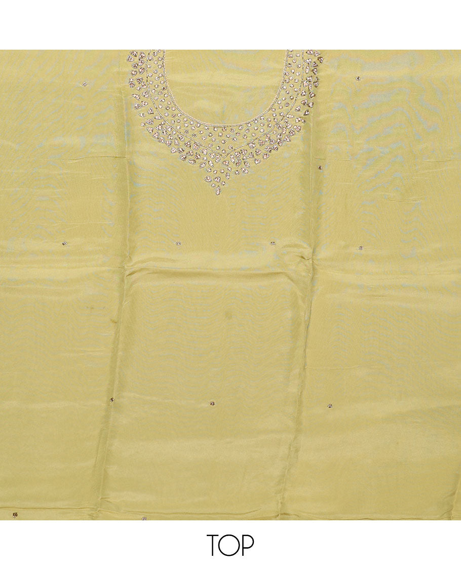 Green material chudidhar set, stone & sequins embroidered tissue top, santoon plain bottom & dupatta of buttas 