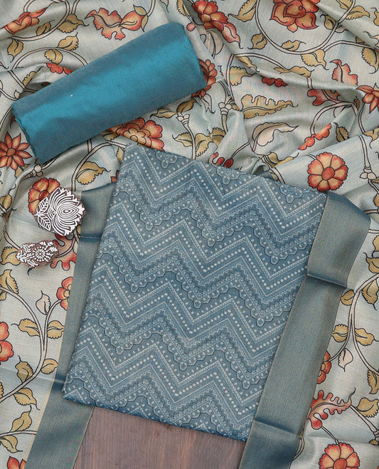 Blue material chudidhar set, chevron design top, plain bottom & kalamkari-style colorful floral vine printed dupatta