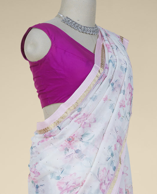 Cream floral designs digital printed with stone work pure chiffon saree, zari paisley motif border 