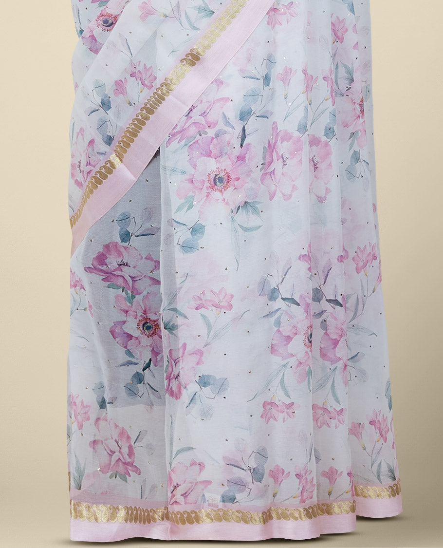 Cream floral designs digital printed with stone work pure chiffon saree, zari paisley motif border 