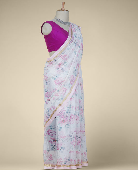 Cream floral designs digital printed with stone work pure chiffon saree, zari paisley motif border 