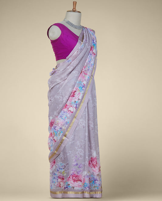 Lavender floral designs digital printed with stone work pure chiffon saree, zari paisley motif border
