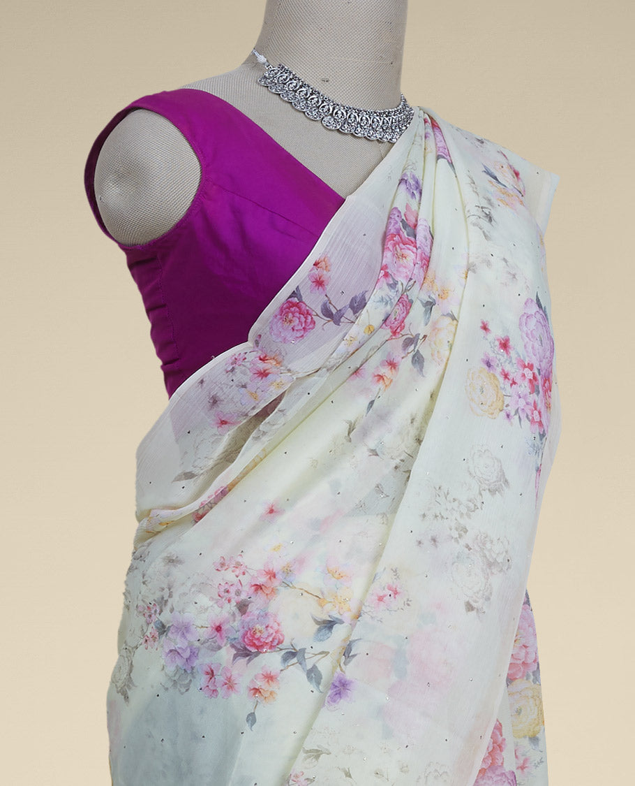 Borderless pastel yellow floral designs digital printed with stone work pure chiffon saree