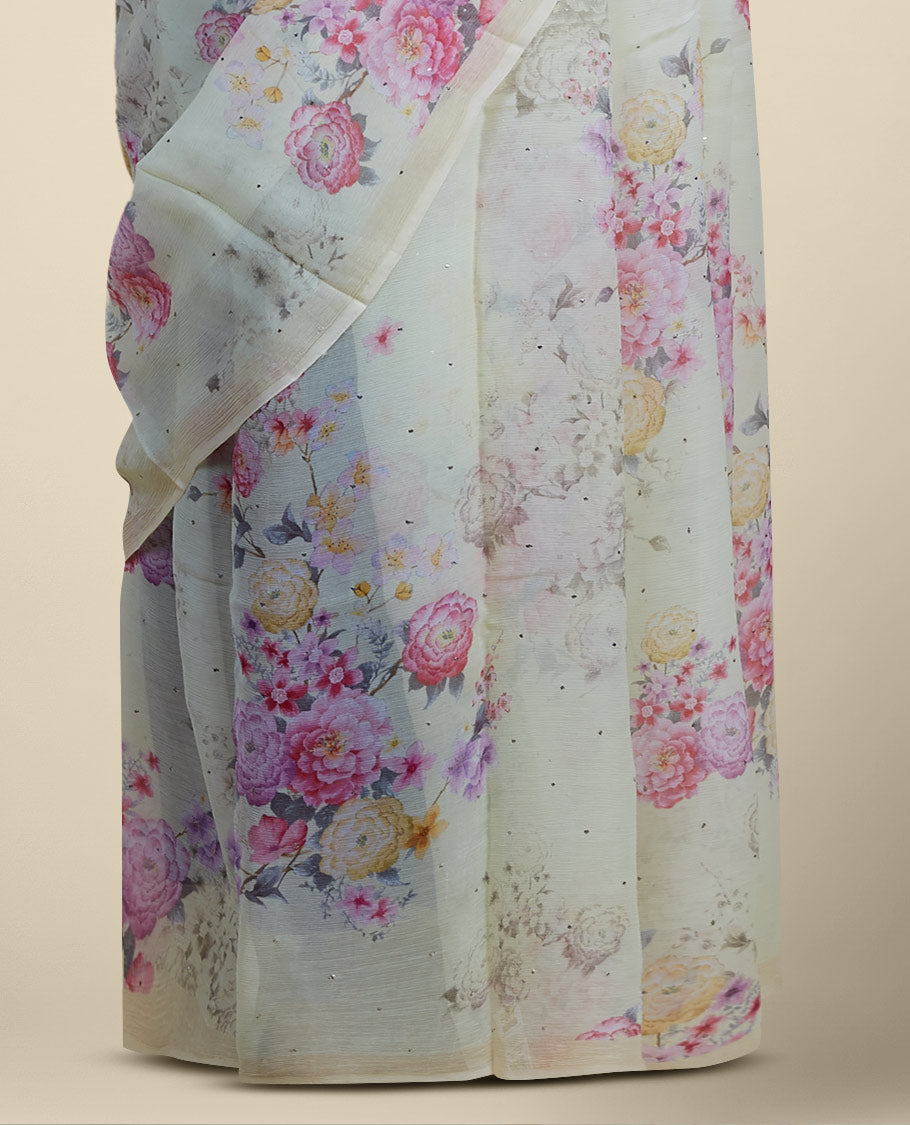 Borderless pastel yellow floral designs digital printed with stone work pure chiffon saree