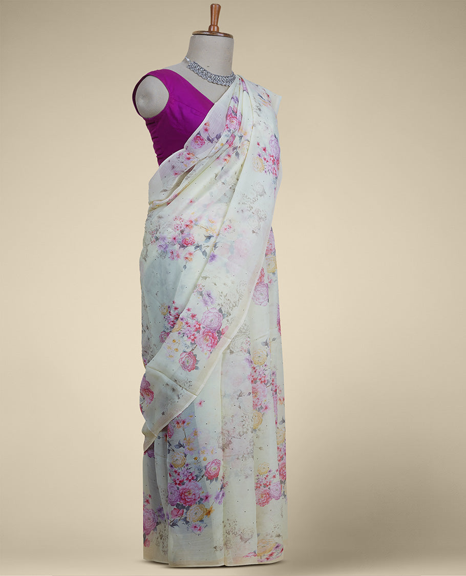 Borderless pastel yellow floral designs digital printed with stone work pure chiffon saree