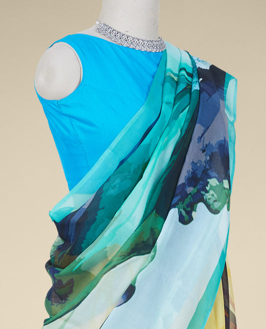 Multi-color abstract-style digital printed pure chiffon saree with contrast plain border