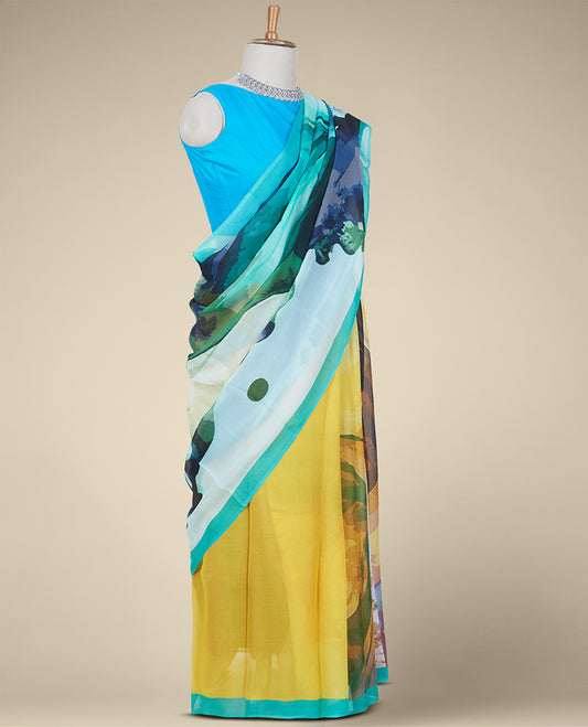 Multi-color abstract-style digital printed pure chiffon saree with contrast plain border