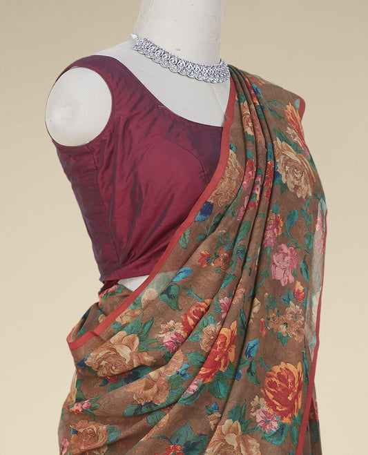 Borderless brown colorful floral printed pure chiffon saree
