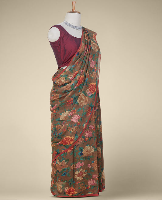 Borderless brown colorful floral printed pure chiffon saree