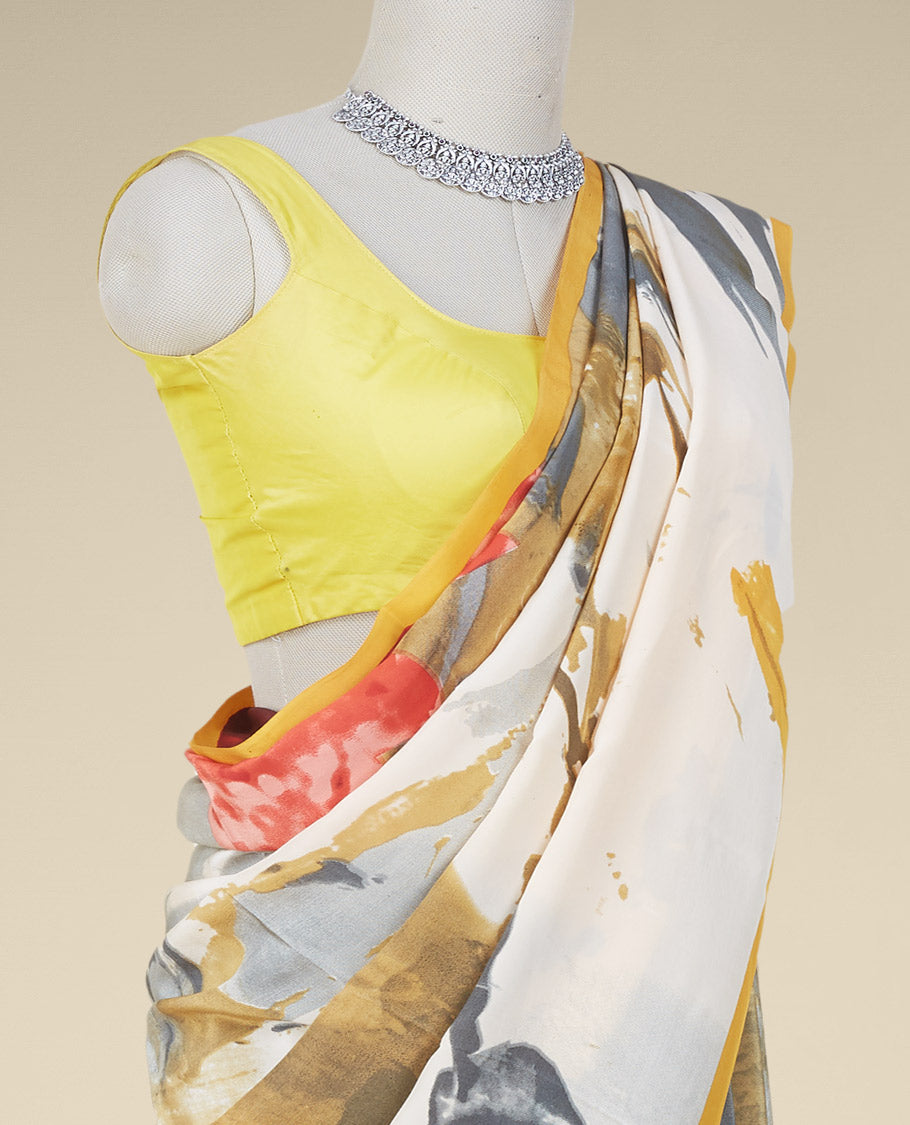 Multi-color abstract-style digital printed Italian crepe saree, contrast thin border 