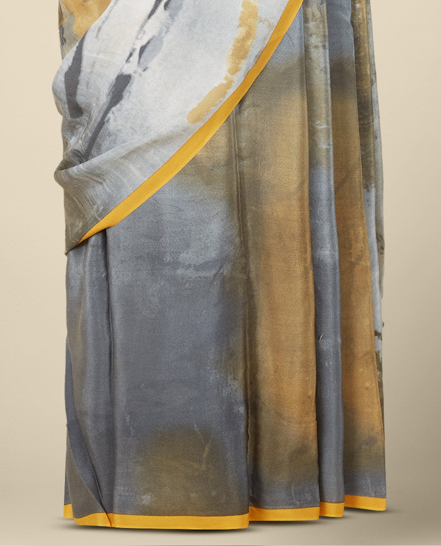 Multi-color abstract-style digital printed Italian crepe saree, contrast thin border 