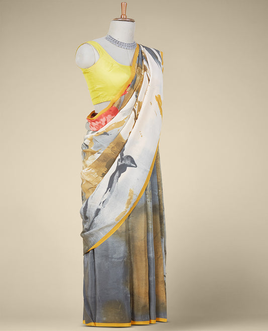 Multi-color abstract-style digital printed Italian crepe saree, contrast thin border 