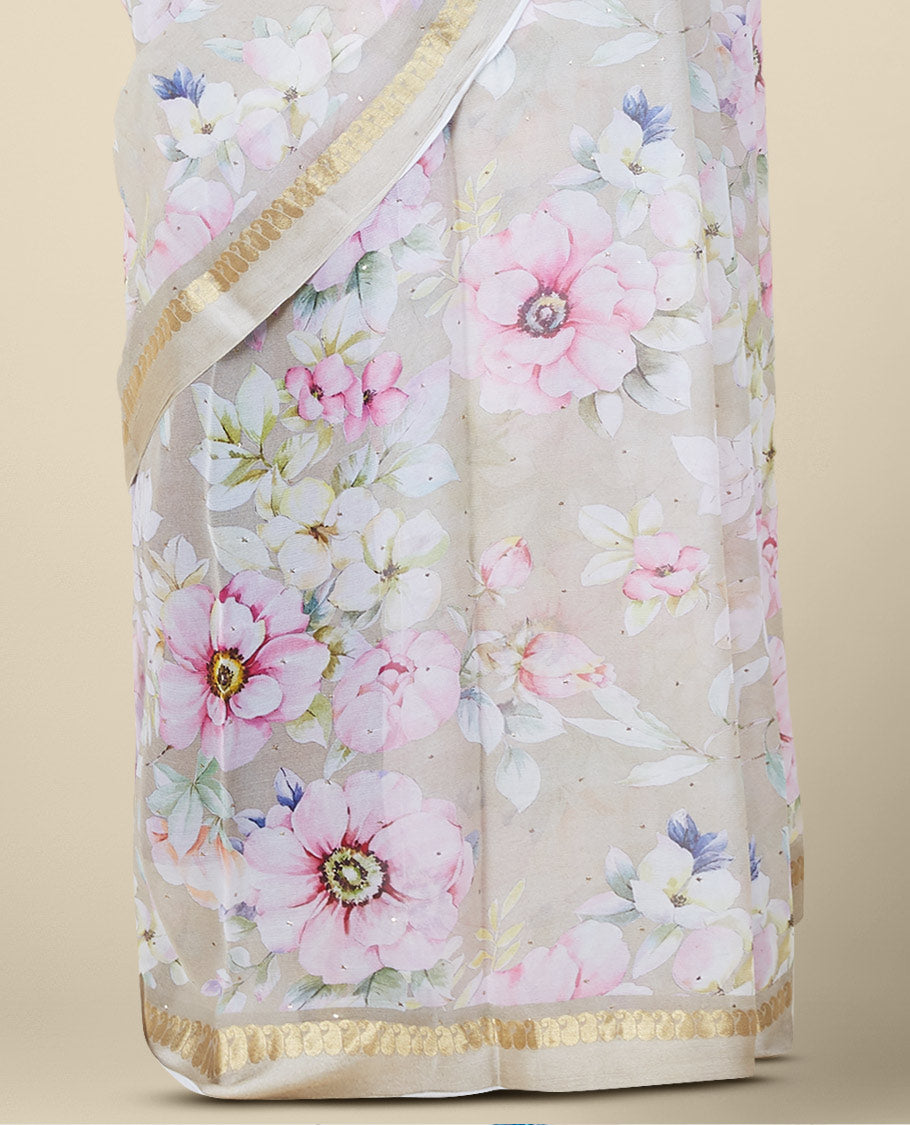 Multi-color floral designs digital printed with stone work pure chiffon saree, contrast border of zari paisleys