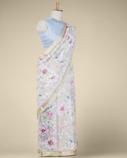 Multi-color floral designs digital printed with stone work pure chiffon saree, contrast border of zari paisleys