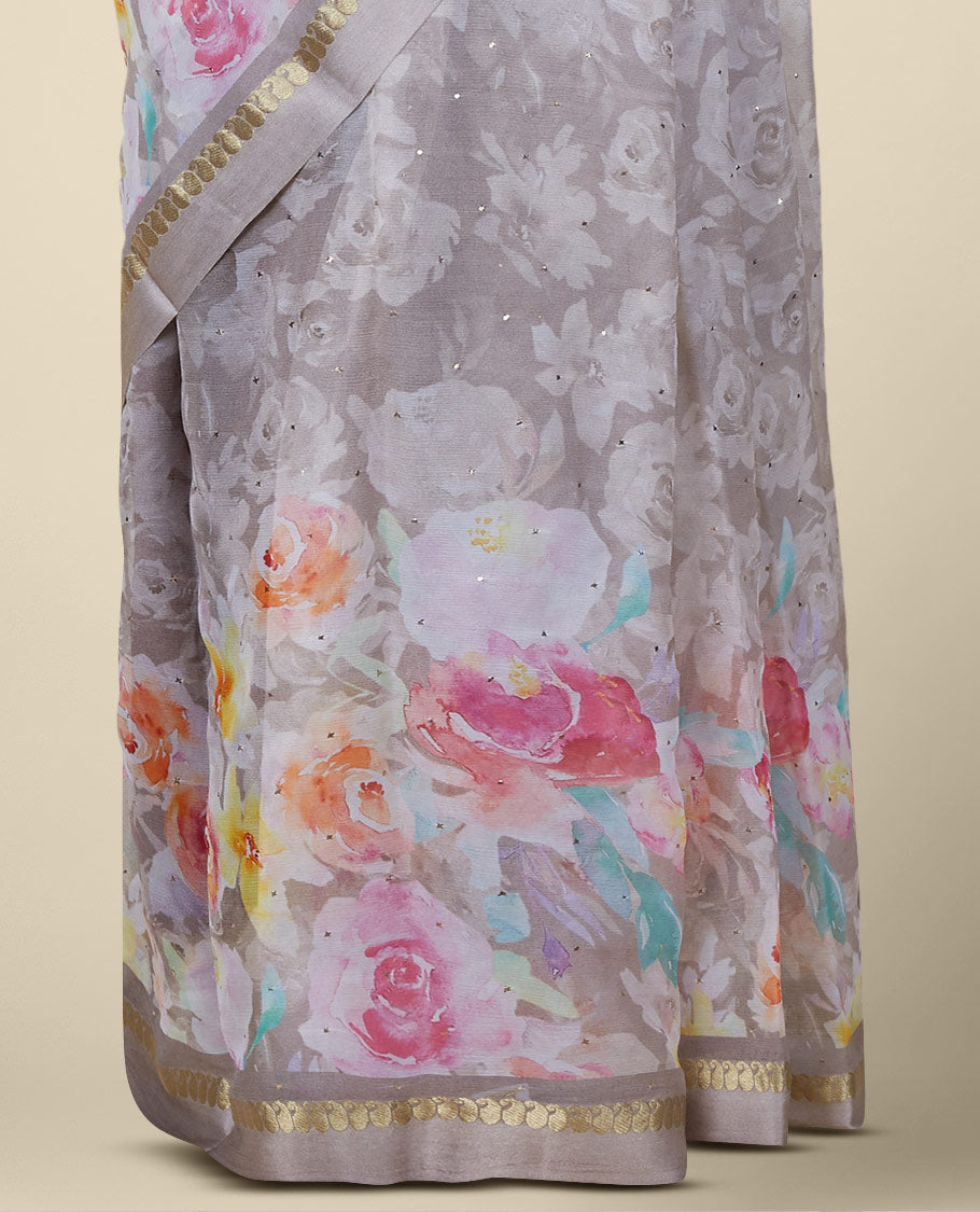 Grey floral designs digital printed with stone work pure chiffon saree, zari paisley motif border 