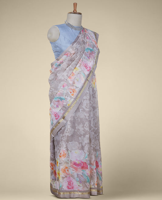 Grey floral designs digital printed with stone work pure chiffon saree, zari paisley motif border 