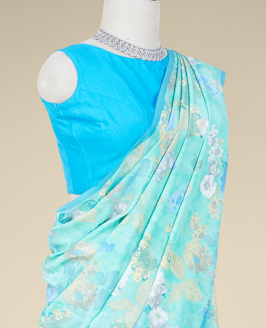 Green floral designs digital printed pure crepe saree, contrast thin border & blouse 
