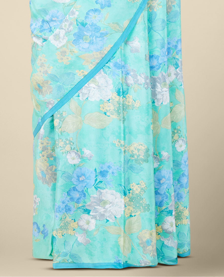 Green floral designs digital printed pure crepe saree, contrast thin border & blouse 