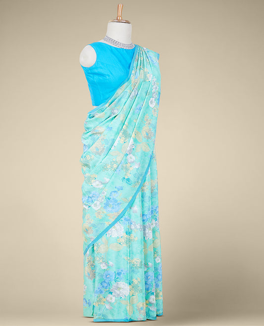 Green floral designs digital printed pure crepe saree, contrast thin border & blouse 
