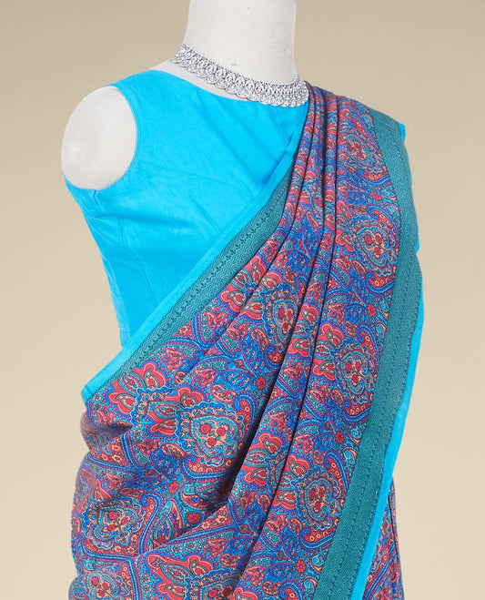 Blue intricate & unique motifs digital printed pure crepe saree, contrast unique motifs printed border