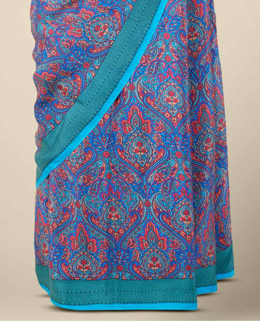 Blue intricate & unique motifs digital printed pure crepe saree, contrast unique motifs printed border