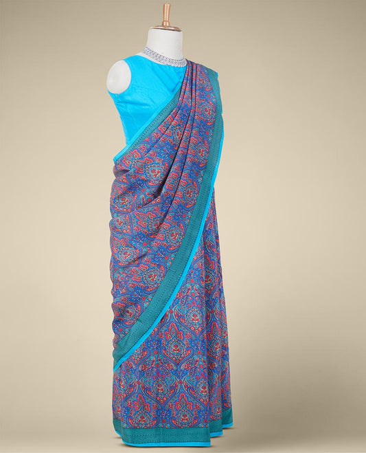 Blue intricate & unique motifs digital printed pure crepe saree, contrast unique motifs printed border