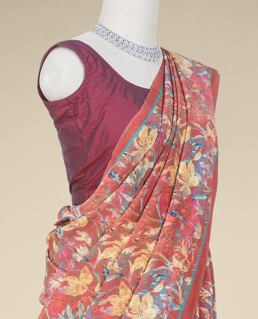 Light maroon floral designs digital printed pure crepe saree