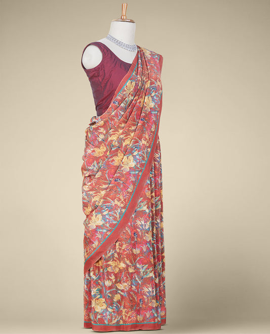 Light maroon floral designs digital printed pure crepe saree